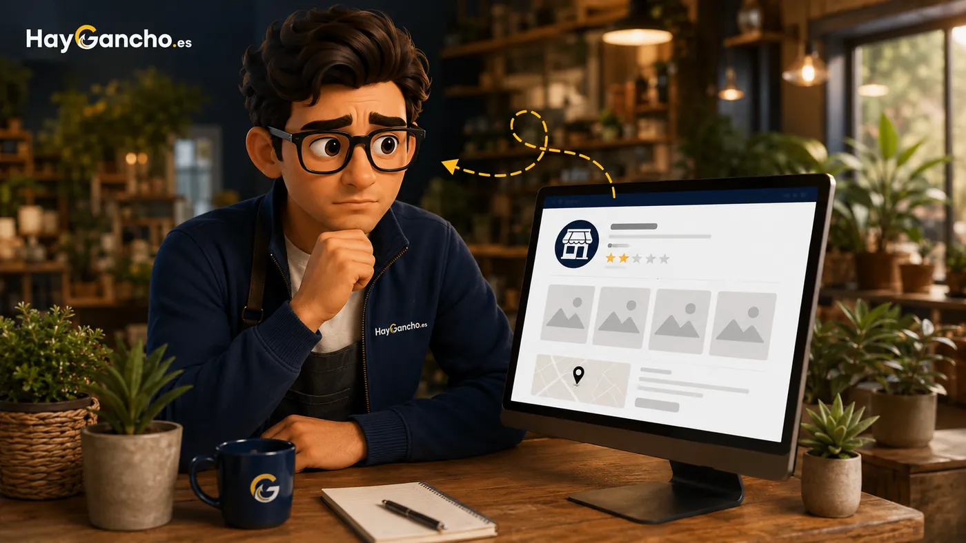 Ganchi revisando un perfil de empresa con pocas fotografías reales