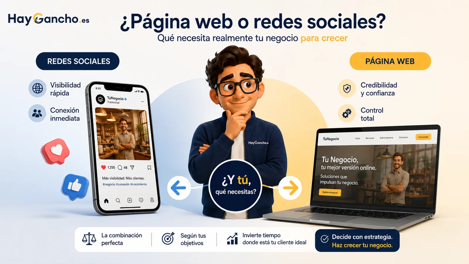 Ganchi comparando las ventajas de una página web y las redes sociales